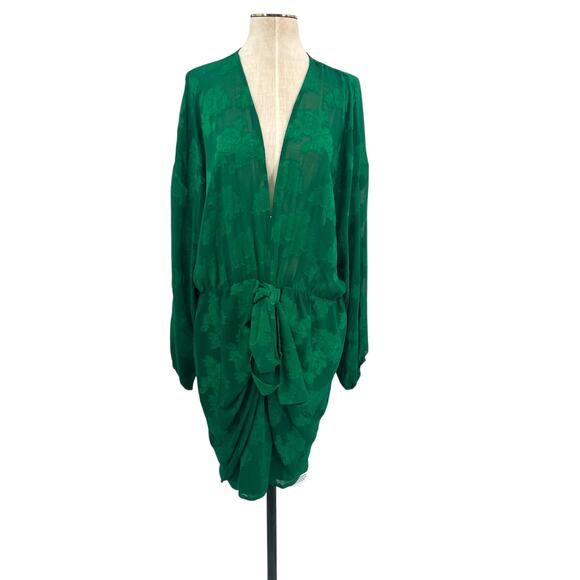 Asos Design Curve Plunge Tie front Mini Dress Floral Jacquard Green Size US 16 - Picture 2 of 15